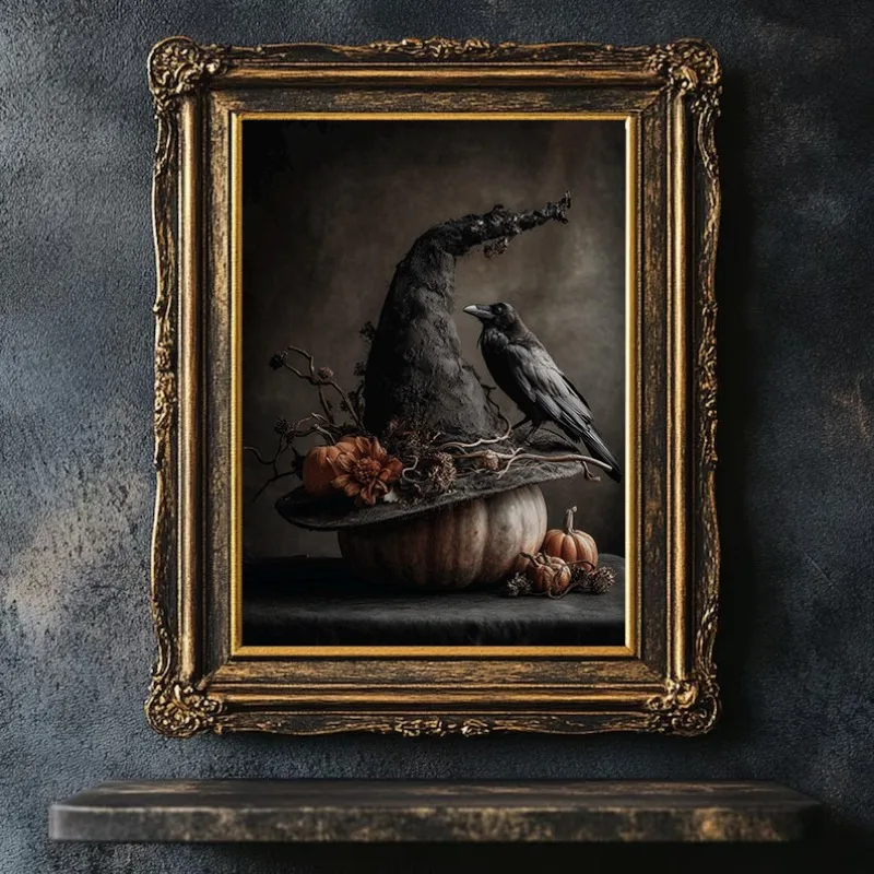 Retro Spooky Witch on A Broomstick Rustic Broom Dark Academia Witchcore Poster Canvas Painting Wall Art Pictures Home Decor