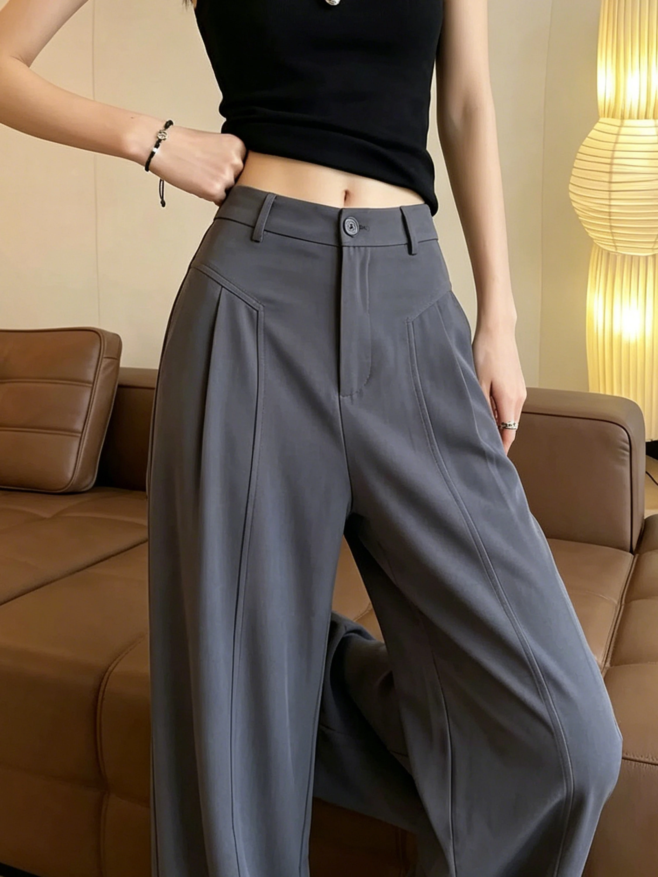 

Gray High-End Feeling Linen Wide Leg Pants Women Summer Thin Straight Drape High Waist Loose Cotton Linen Trousers