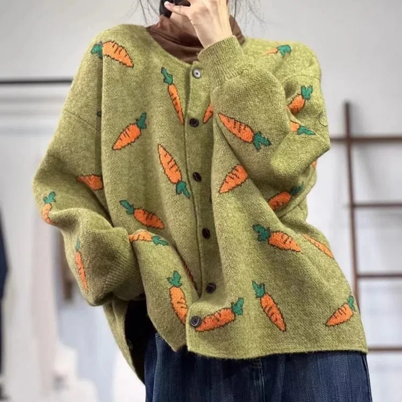 New Round Neck Knitted Forest Style Artistic Printed Western-style Sweater Loose Autumn and Winter Casual Lazy Cardigan Jacket