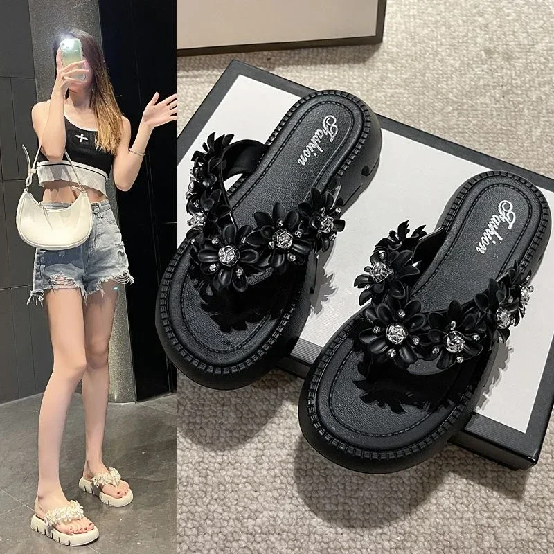 Summer 2024 Thick Slides Crystals Women's Slippers and Ladies Sandals Platform White Shoes Height Rhenstone Flip Flops Jewels F