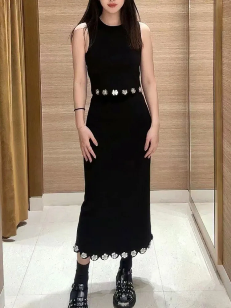 

Новинка 2023 года, одинаковые комплекты, трикотажная рубашка, женские тонкие топы на бретелях + длинная юбка, комплекты из 2 предметов, женский наряд, conjuntos femininos elegantes