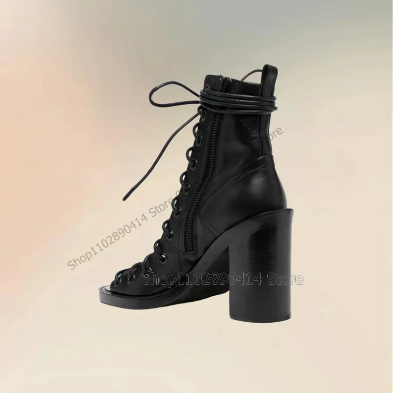 

Black Hollow Design Cross Tied Peep Toe Strappy Boots Lace Up Women Shoes Chunky High Heels New Fashion 2026 Zapatos Para Mujere