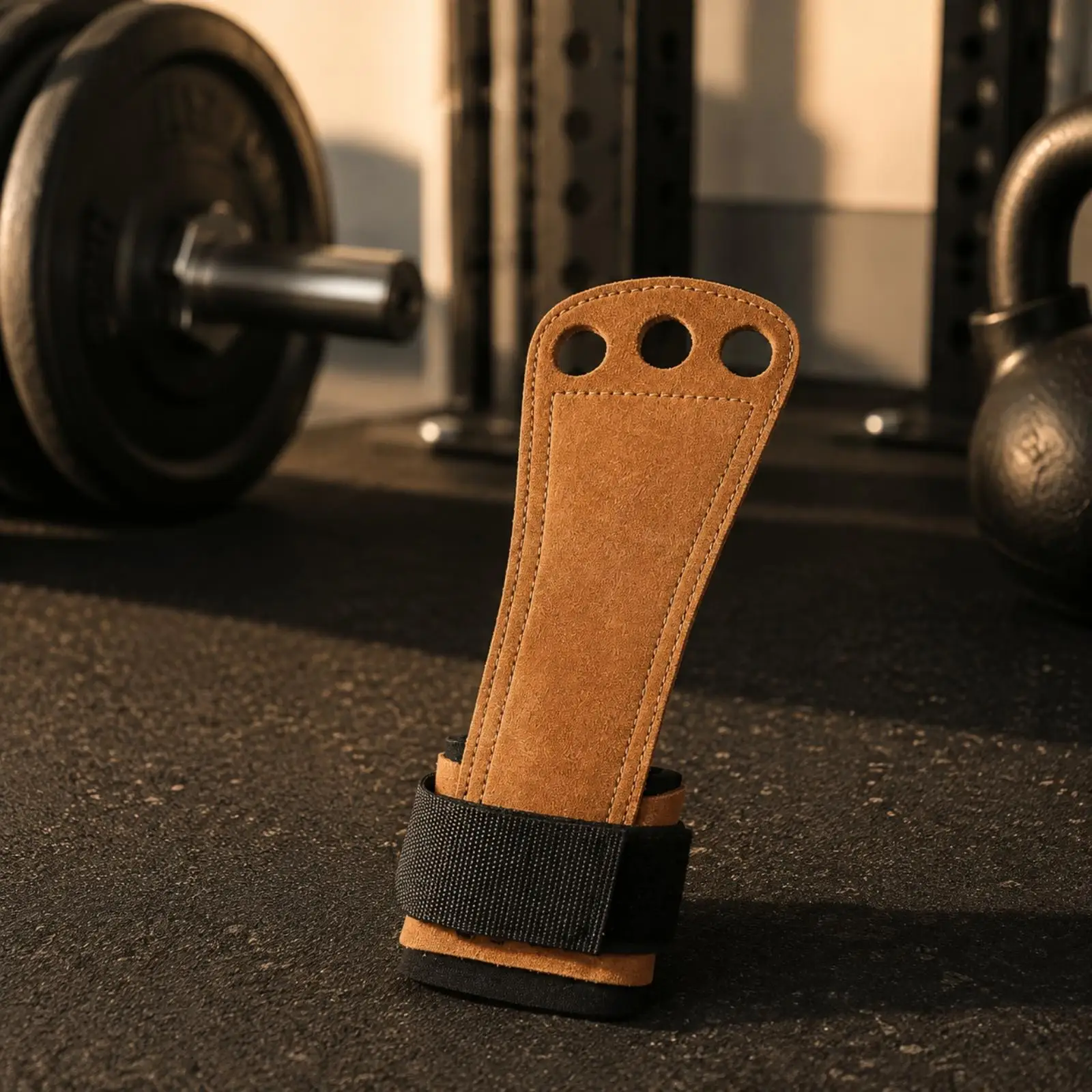 Leather Palm Protector with Secure Nylon Strap for Weight Training Barbell Lifts and Grip Support