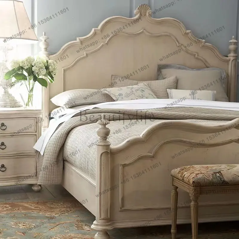American country solid wood double bed, French vintage old princess bed, carved European style