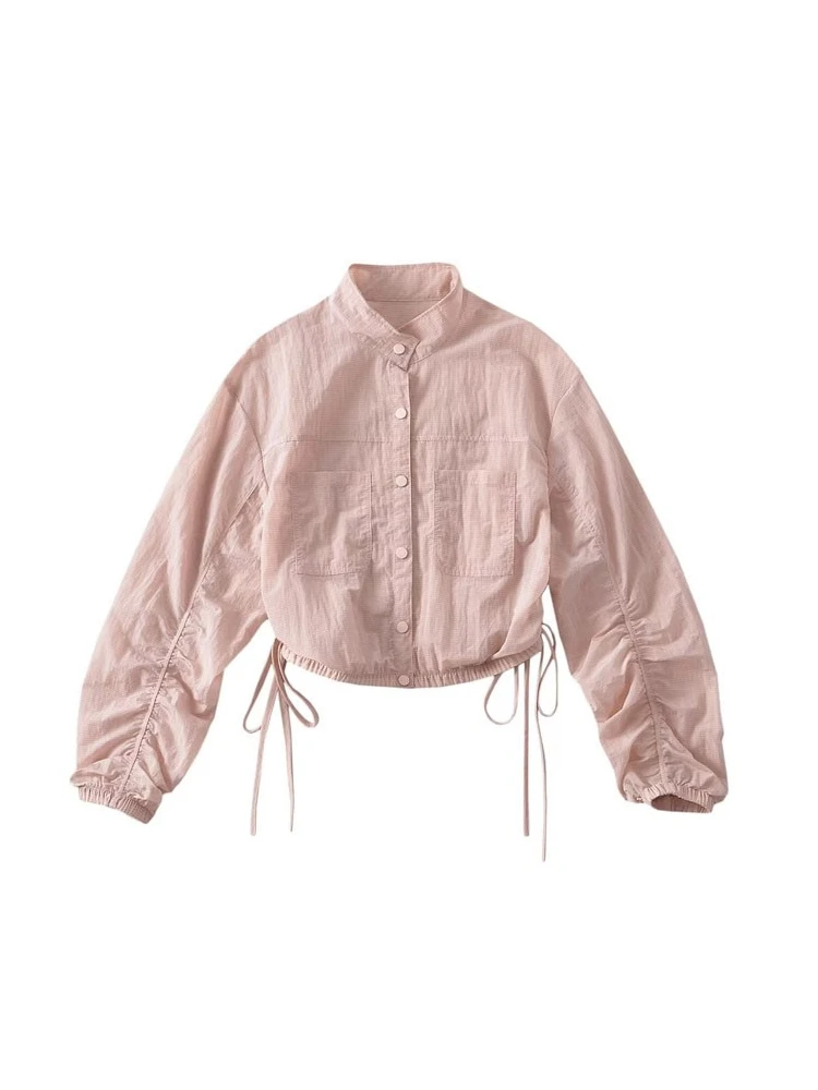 

Summer Lightweight Sun Protection Jacket Women's Small Collar Side Drawstring Design Single Button Cycling Stripe Outerwear