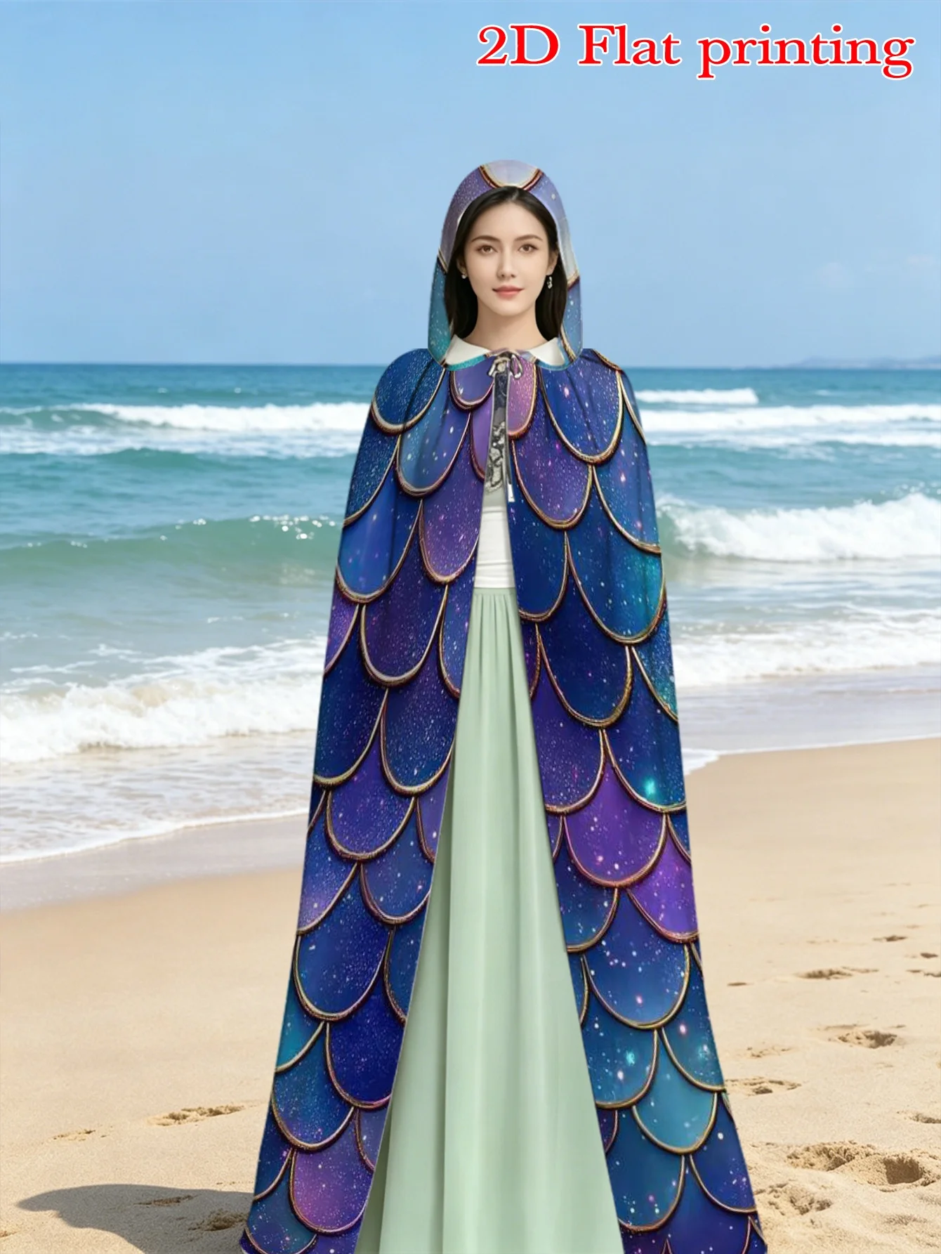 Customization 1pc 2D Flat Printing Beautiful Hooded Cape Colorful Mermaid Scales 100% Christmas Use For Beach Vacation Themed Pa