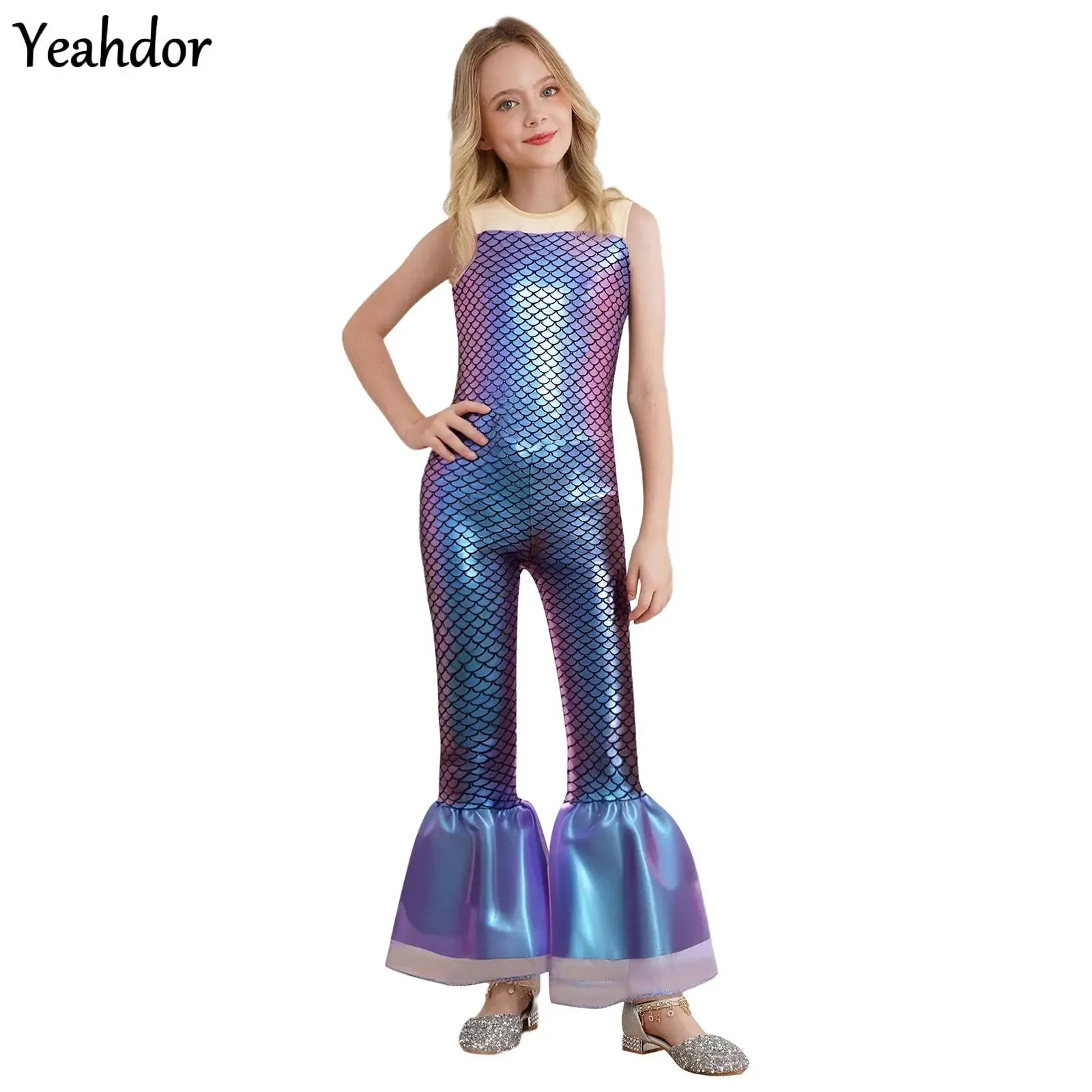 

Girls Cosplay Mermaid Jumpsuit Sleeveless Fish Scales Print Flared Pants Mermaid Bodysuit Halloween Mermaid Theme Party Dress Up