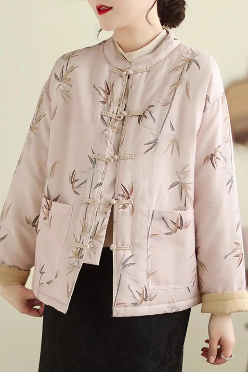 Elegant Short Quilted Jacket 2023 Autumn And Winter Standing Collar Printed Cotton Coat Chinese Style Retro Women Tops Z4163