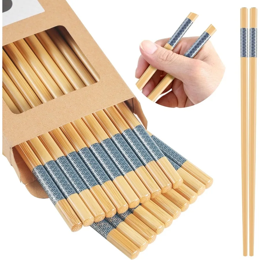 

10Pairs Bamboo Chopsticks Reusable Dishwasher Safe Non slip Chinese 9.45in