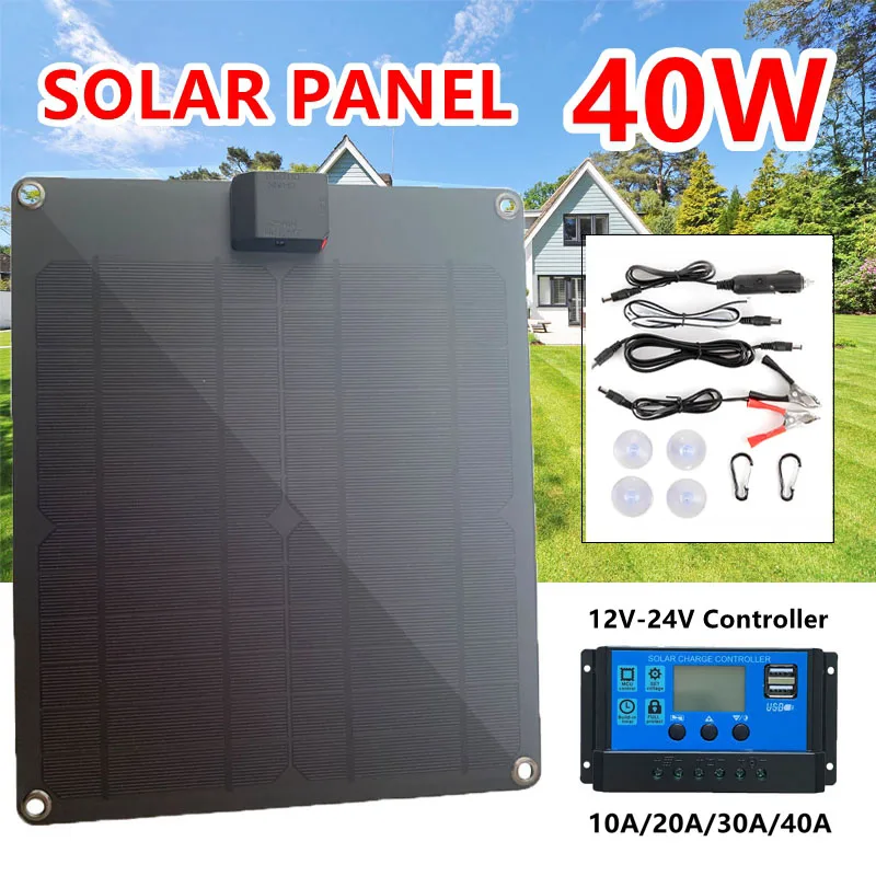 40W Portable Solar Panel 12V/5V USB Waterproof Solar Cell Solar Charger for Outdoor Camping Hiking Travel Car Yacht RV Battery