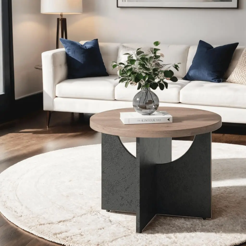 

24" Round Coffee Table Rustic Walnut Circle Coffee Table with Semi-Circular Storage Wooden Sofa Side Table for Living Room