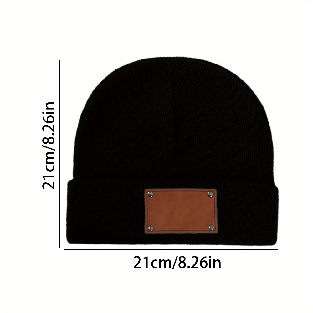 Custom Leather Patch Beanie Custom Name Knitted Cuffed Winter Hat, Custom Engraved Tag Warm Skull Cap Birthday Gift for Family.
