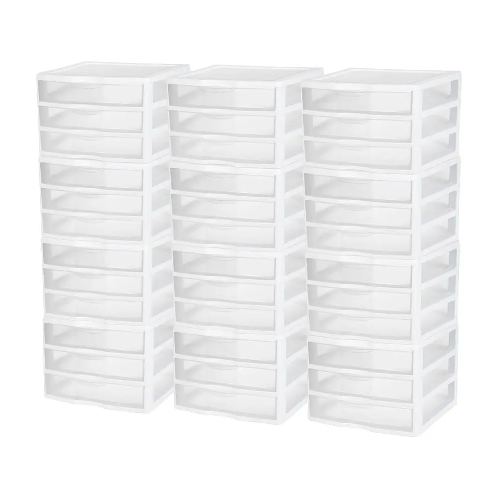

12Pack Wide 3 Drawer Unit, Plastic Desktop Organizer with Clear Drawers, White Frame Stackable MultiPurpose Storage for Office