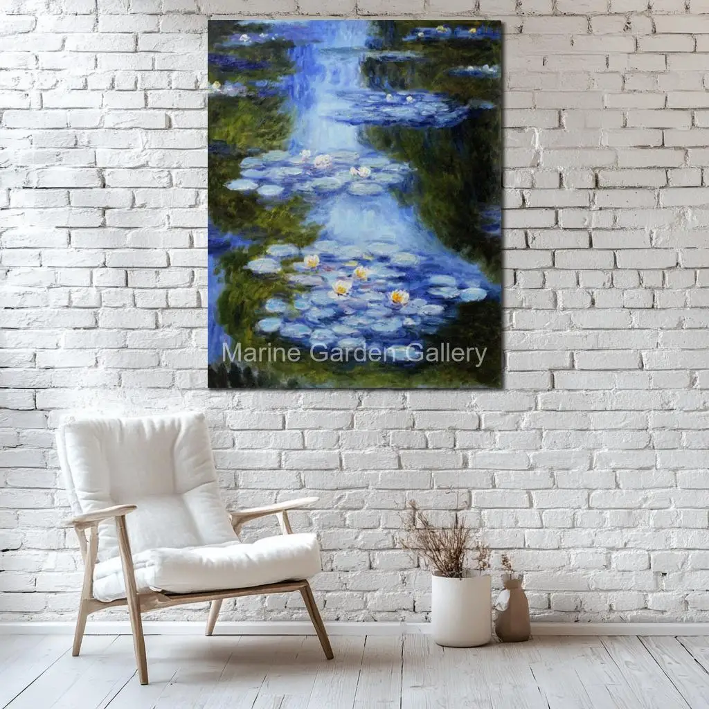 Claude Monet Landscape Water Lilies Blue Green Hand Painted Oil Painting on Canvas Masterpiece for Library Wall Decor