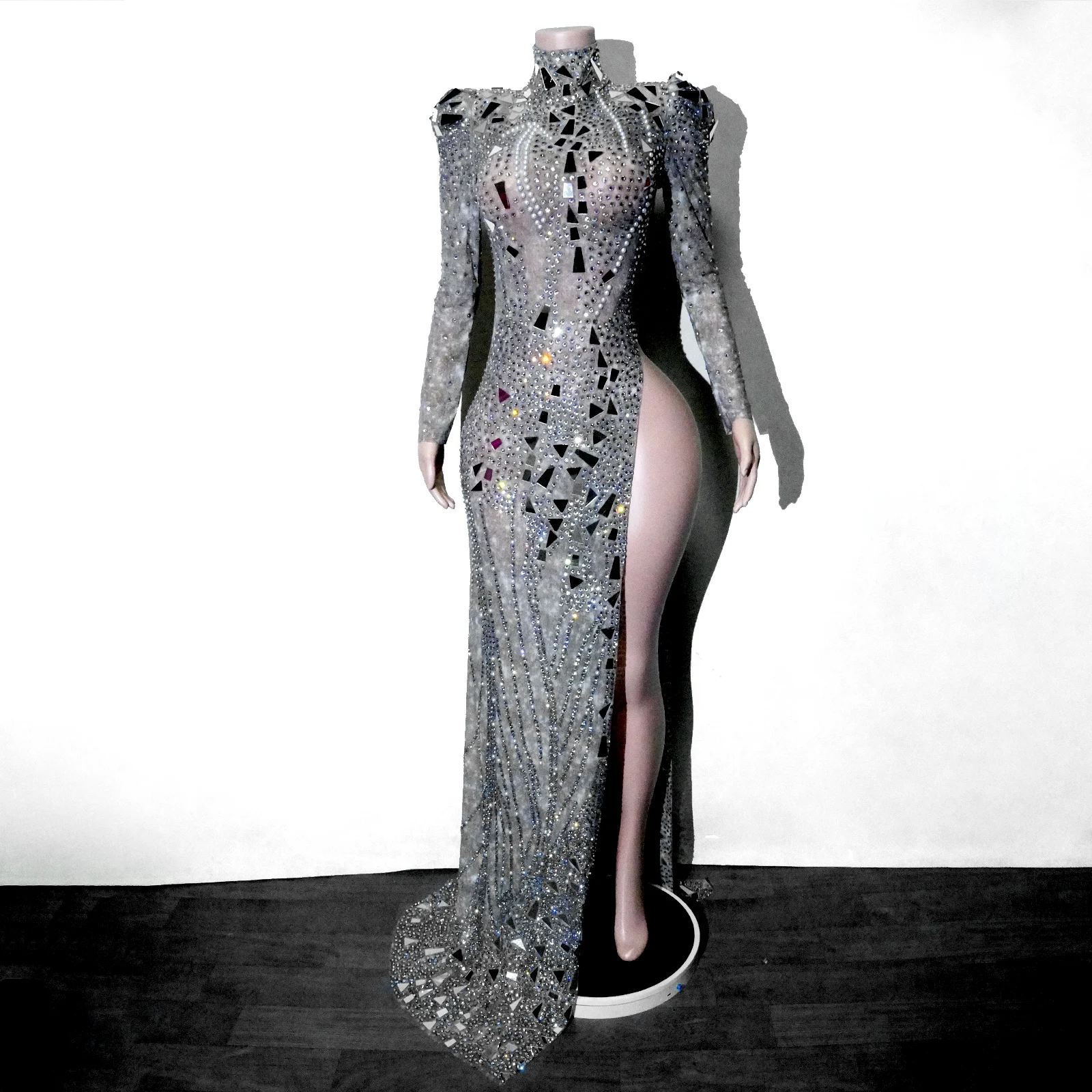 

Women Nightclub Bodysuit Female Singer DjDs Guest Gogo Lens Mesh Stretch Long Split Dress Party Bar Stage Performance Drag Queen