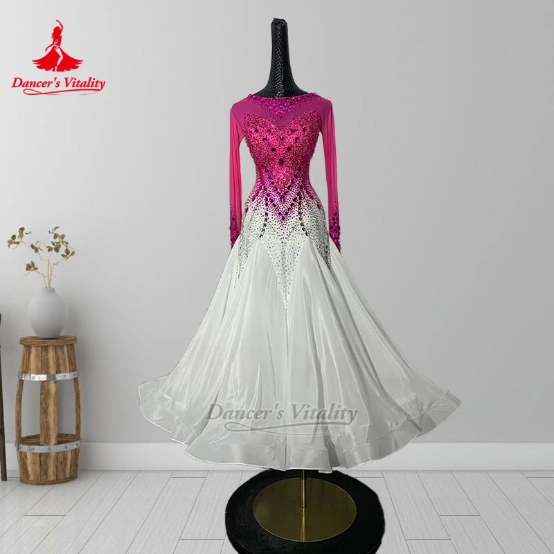 Hot Pink+White Color Social Dance Round Collar V -back Long Sleeves Big Swing Dresses Dancer's Vitality Waltz Clothing Customize