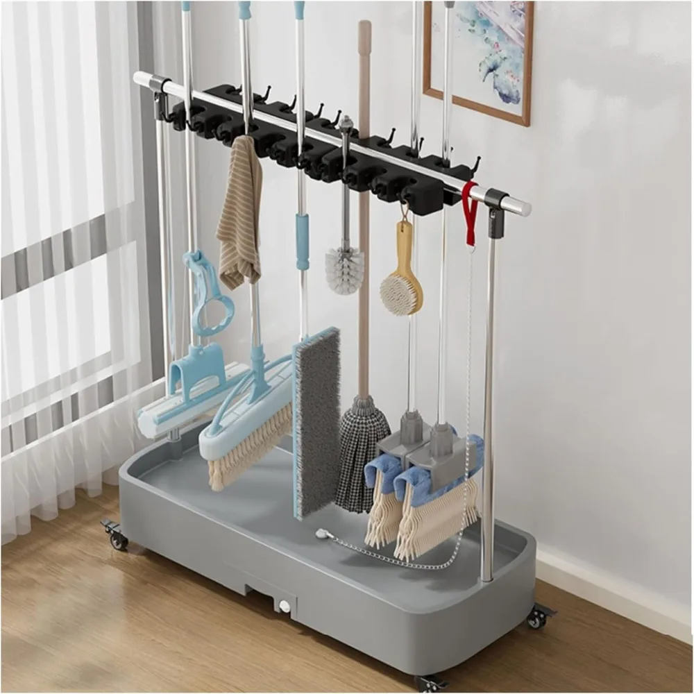 

Portable Broom and Mop Holder for Wet Mops and Cleaning Tools - Commercial Rack Organizer for Cleaning Supplies and Garden Tools
