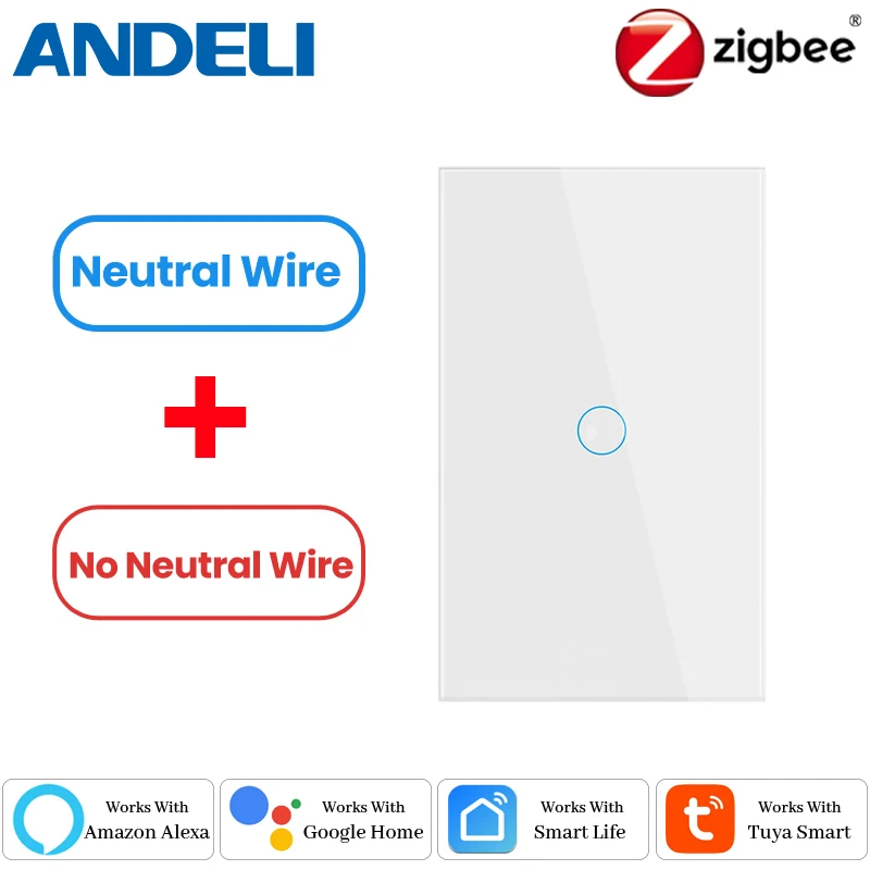 

ANDELI US Tuya Zigbee Smart Light Switch, Neutral Wire/No Neutral Wire Required Wall Touch Switch Work with Alexa, Google Home