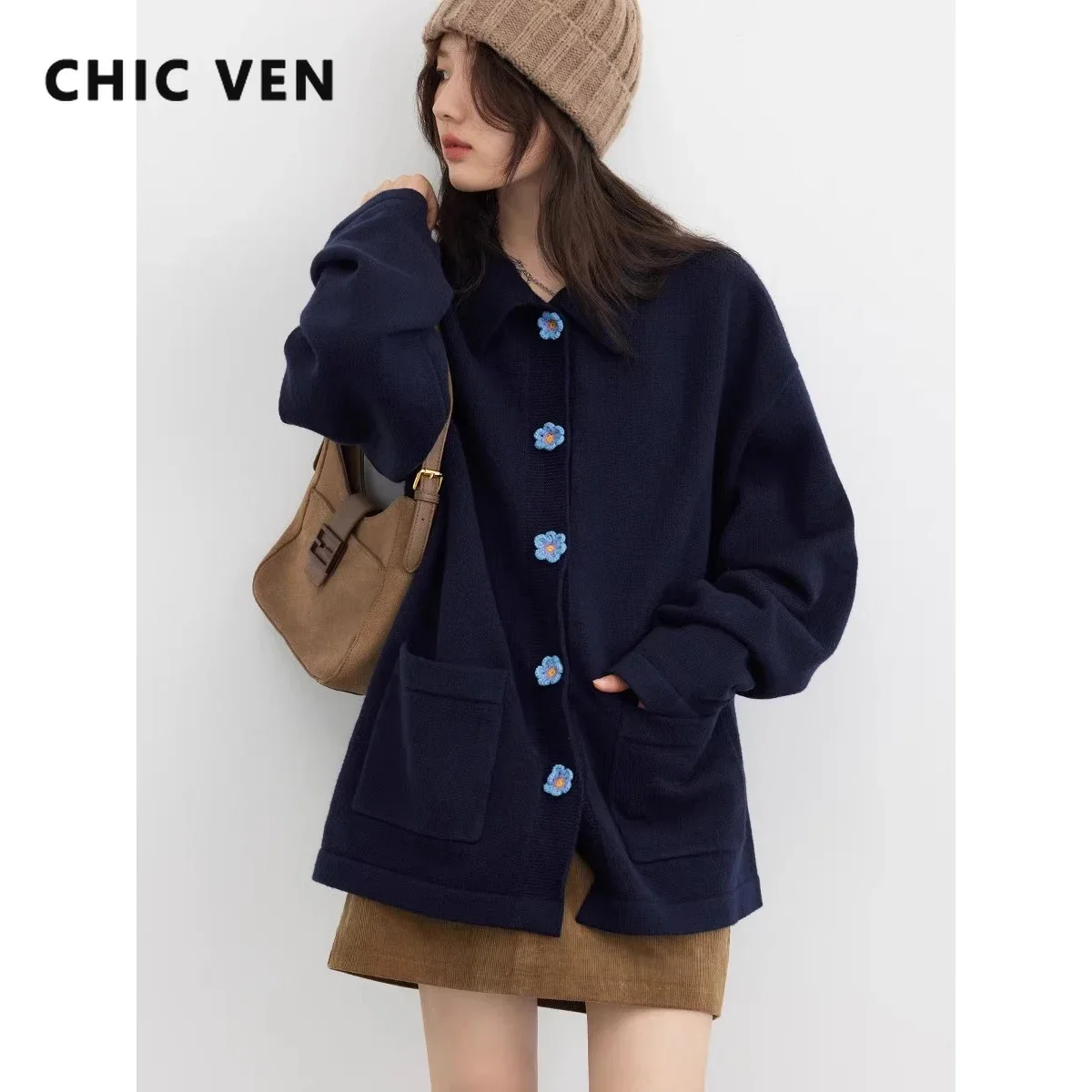 CHIC VEN Cardigan donna New Vintage Flower Button Polo maglioni lavorati a maglia maglioni larghi cappotto femminile ragazza primavera autunno 2023