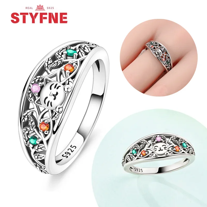 Silver 925 Ring Colorful Zircon Cat Flower Enamel Rings for Women Fingers Original Wedding Engagement Fine Jewelry Gift