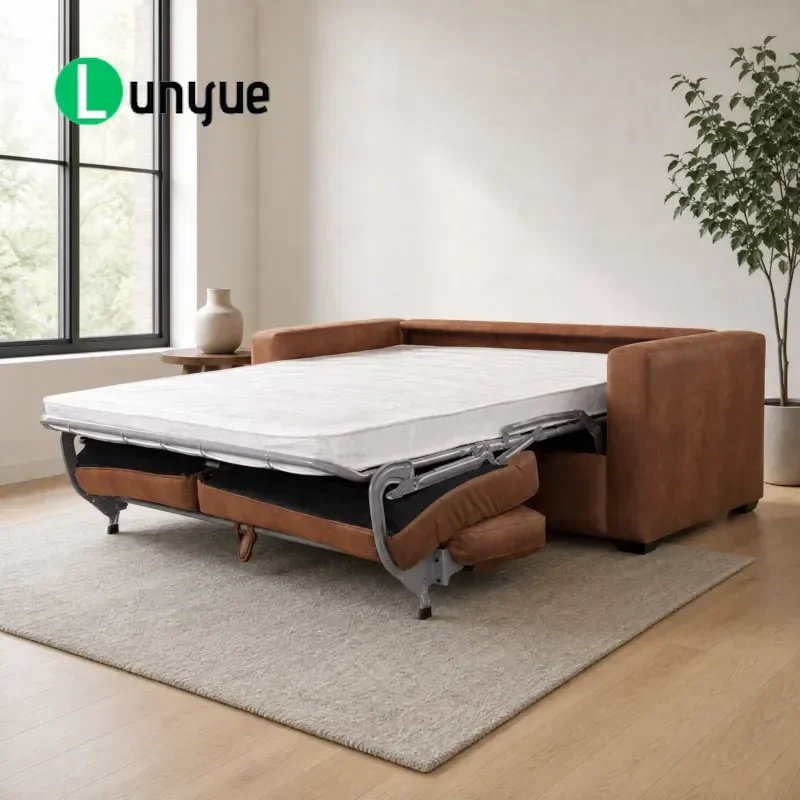 Foldable Fabric Sofa Bed Modern Wood Frame Metal Support Convertible Couch for Living Room Apartment Hotel Space Saving