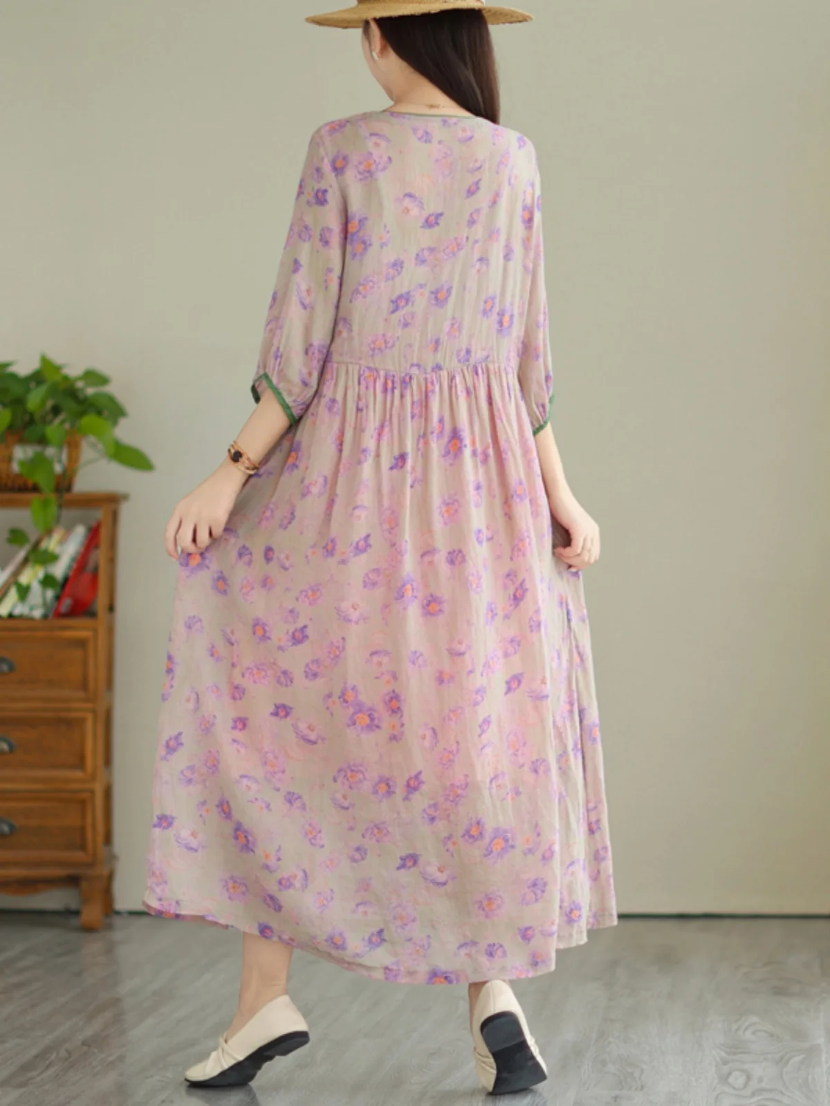 Sweet Floral Print A-Line Long Dr with Bow Tie round Ne Slimming Large Size Women's Faionable Commute Sle Cotton Blend