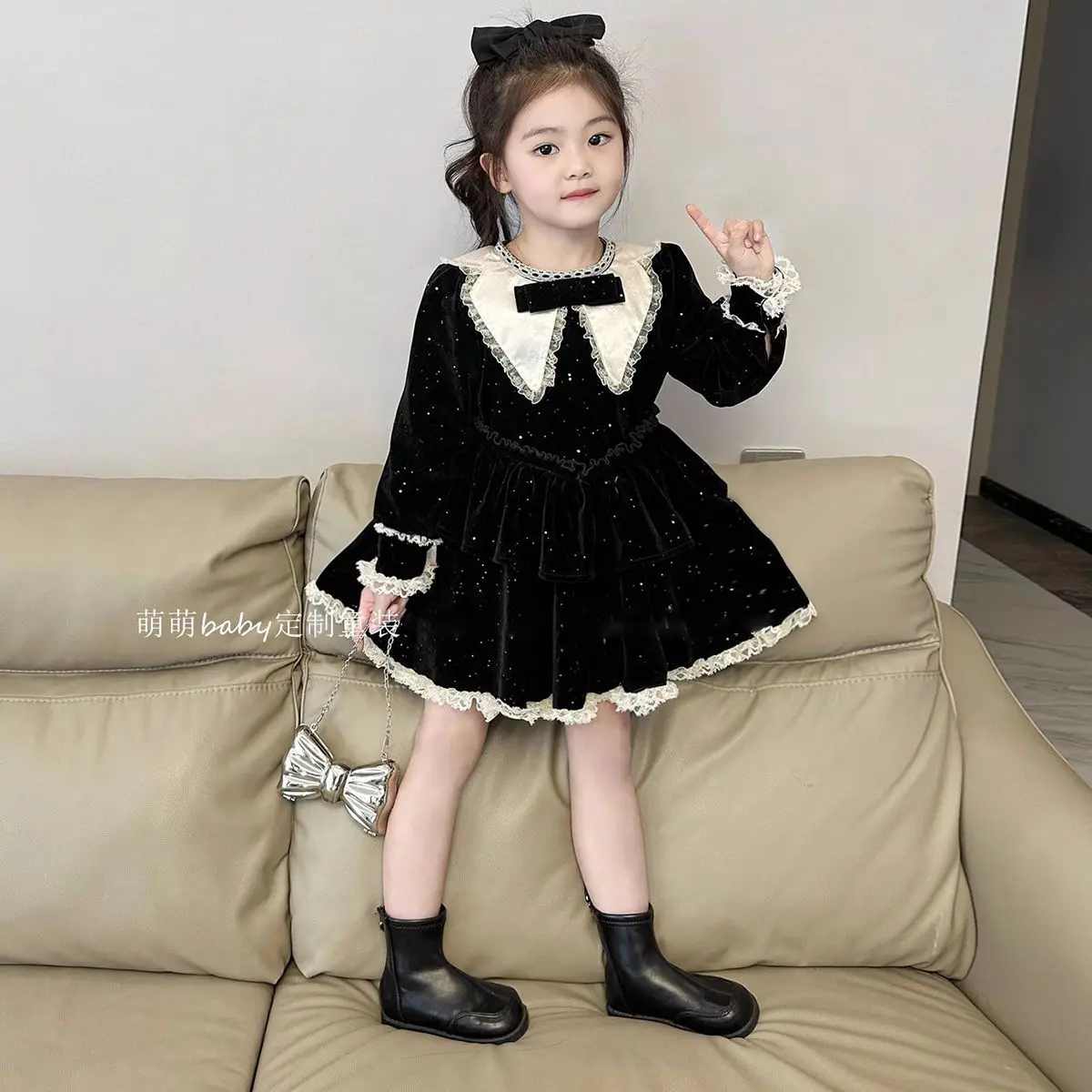 Korean Childrens Clothing 2024 Autumn and Winter New Black Bow Dress Thickened Sweet and Cute Princess Dress