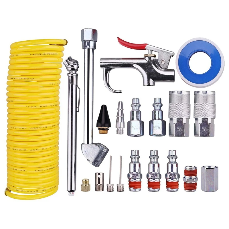 20 Pieces Air Compressor Accessory Kit, 1/4 Inch NPT Air Tool Kit With 1/4 Inch X 25Ft Coil Nylon Hose/Tire Gauge