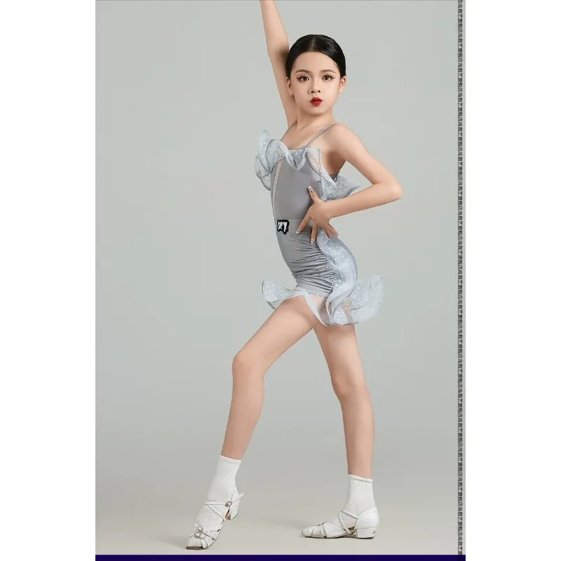 2026 Summer Halter Mesh Latin Dance Outfit Gray Purple White For Rumba Training Contest Stage Premium Performance Dance Wear Kit