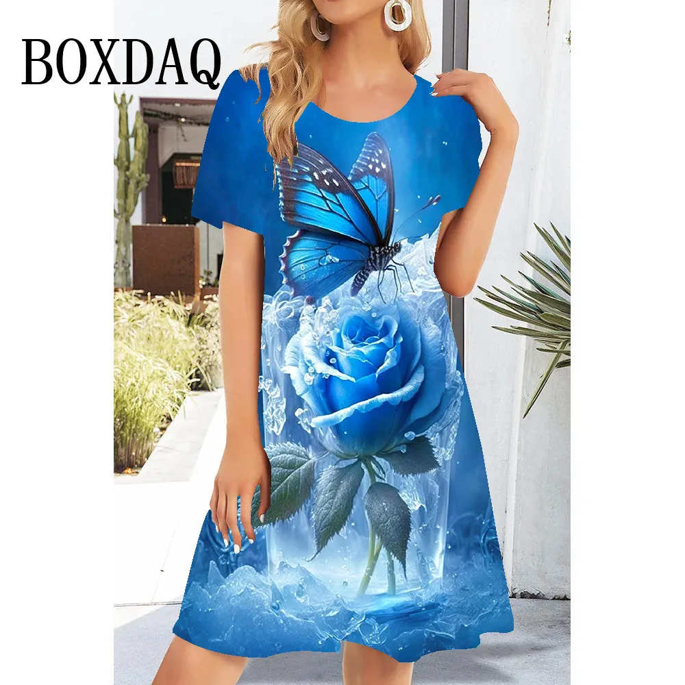 Butterfly Blue 3D Print Dress Sundress Odzież damska Letnia sukienka damska z krótkim rękawem Mini sukienka luźna Moda Nowa sukienka 2024