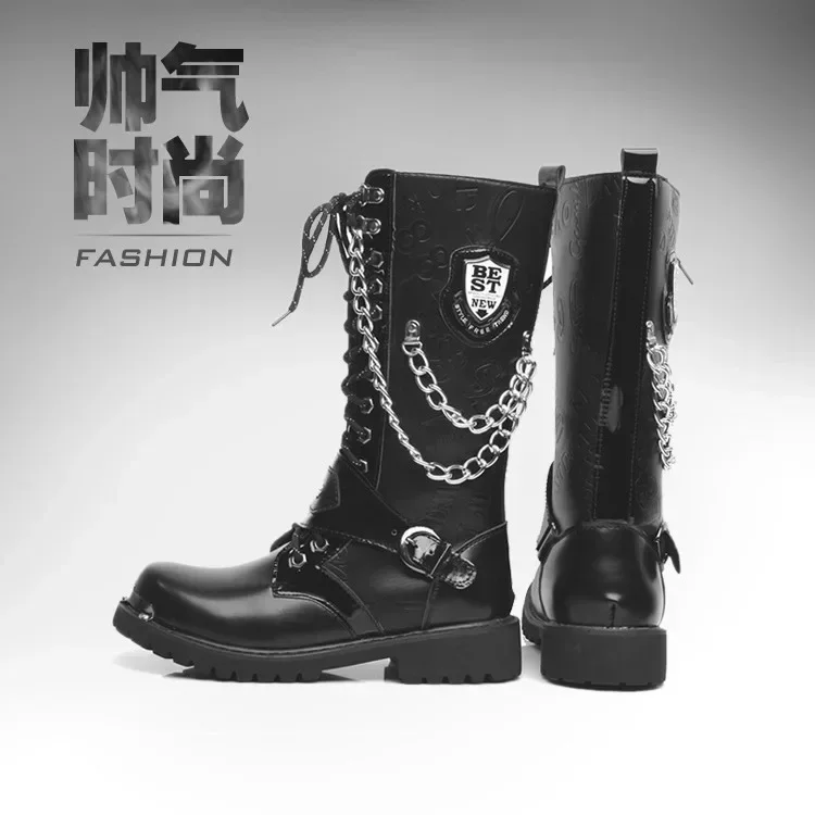 Men\'s plus size Casual High Top Leather Boots Spring and Autumn Outdoor Motorcycle Boots comfort Chain collision avoidance Boots