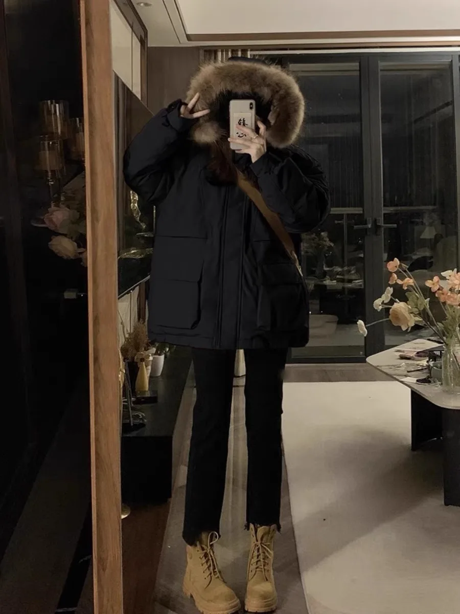 2023 New Winter Fur Hooded Long Sleeve Jacket Women Solid Color Cotton-padded Warm Loose Parkas Coat Fashion Outwear