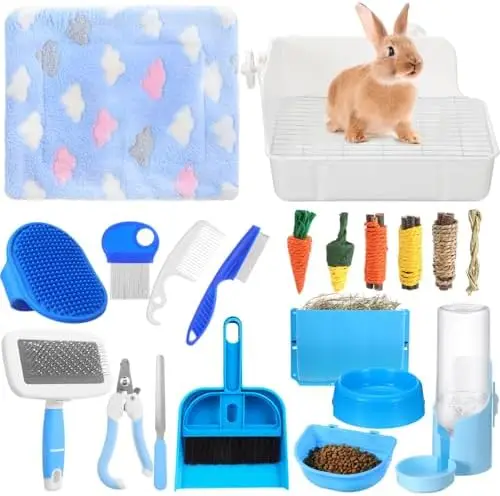 

20-Piece Rabbit Starter Kit - Blue Bunny Supplies with Litter Box, Grooming Tools & Toys for Small Pets