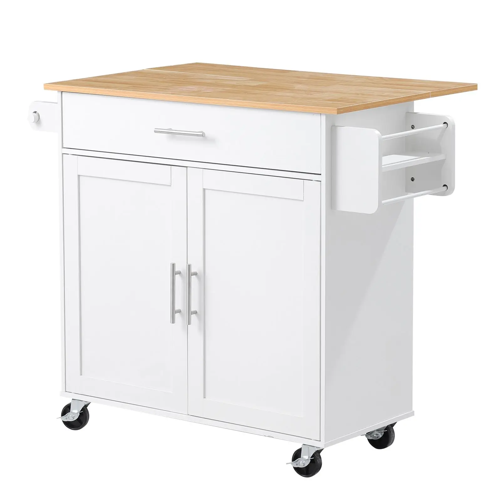 Kitchen Island Cart with Storage, 42.28 in Wide Mobile Rolling Storage Island on Swivel Wheels, with Drawer, Storage Cabinet, Drop Leaf, Spice Rack, Table for Home Dining Room, White