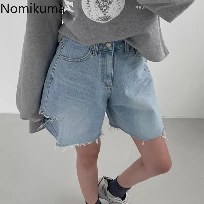 Spodenki jeansowe Streetwear 2024 nowe spodnie z wysokim stanem w stylu Casual, z dziurami Y2k szerokie nogawki modne proste szorty De Mujer