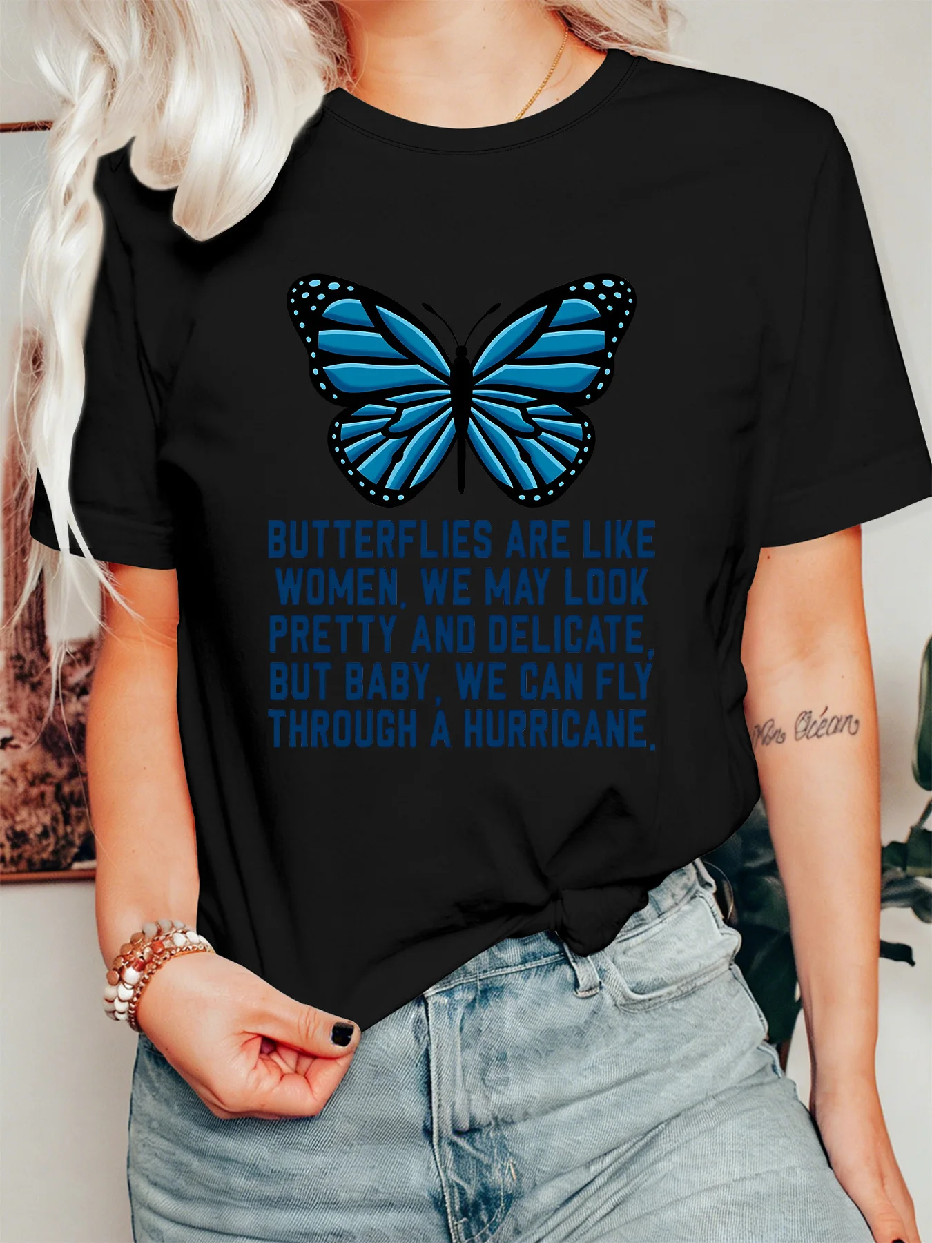 Empowering Women Quote Womens T Shirt Blue Butterfly Motivational Graphic Tee Short Sleeve Casual Party Street Ladies Tops