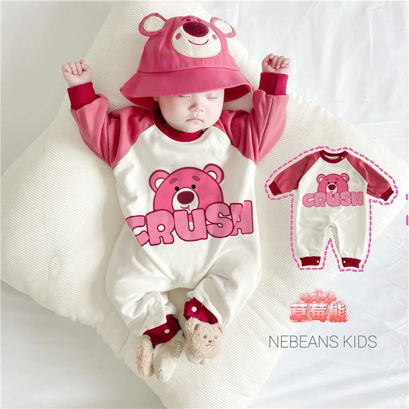 Spring Autumn Baby Girl Boy Romper Korean Style Cartoon Disney Trendy Strawberry Jumpsuit Newborn Clothes K13908