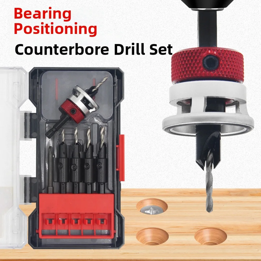 For Woodworking Countersink Drill Set Featuring Hexagonal Shank and Bearing-based Depth Control 2.5+2.8+3.2+3.5+4.0x9.5mm