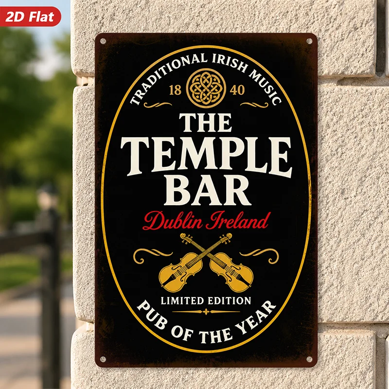2D Flat, 1pc Irish Pub Metal Sign Wall Art, Crossed Fiddles, Celtic Knot, Dublin Pub Theme, Retro Oval Badge, Vintage Tavern Art