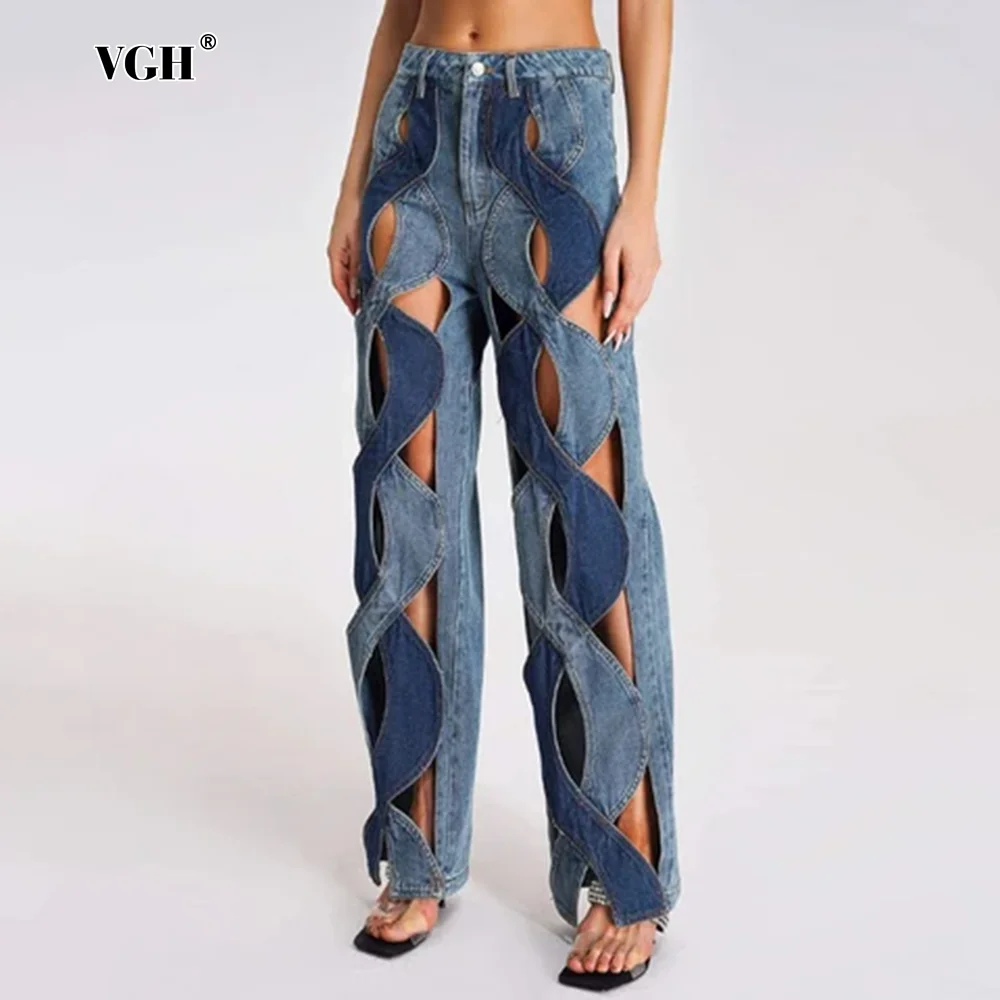 VGH Crisscross Colorblock scava fuori i pantaloni di jeans per le donne a vita alta Patchwork floreale Vintage Casual pantaloni larghi femminili