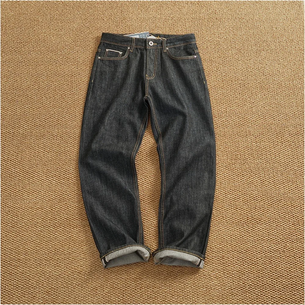 جينز جينز عالي التراجع للأذن الحمراء 12 أونصة للرجال من القماش الأصلي المزيل بمستقيم ثقيل مخروطي ريترو