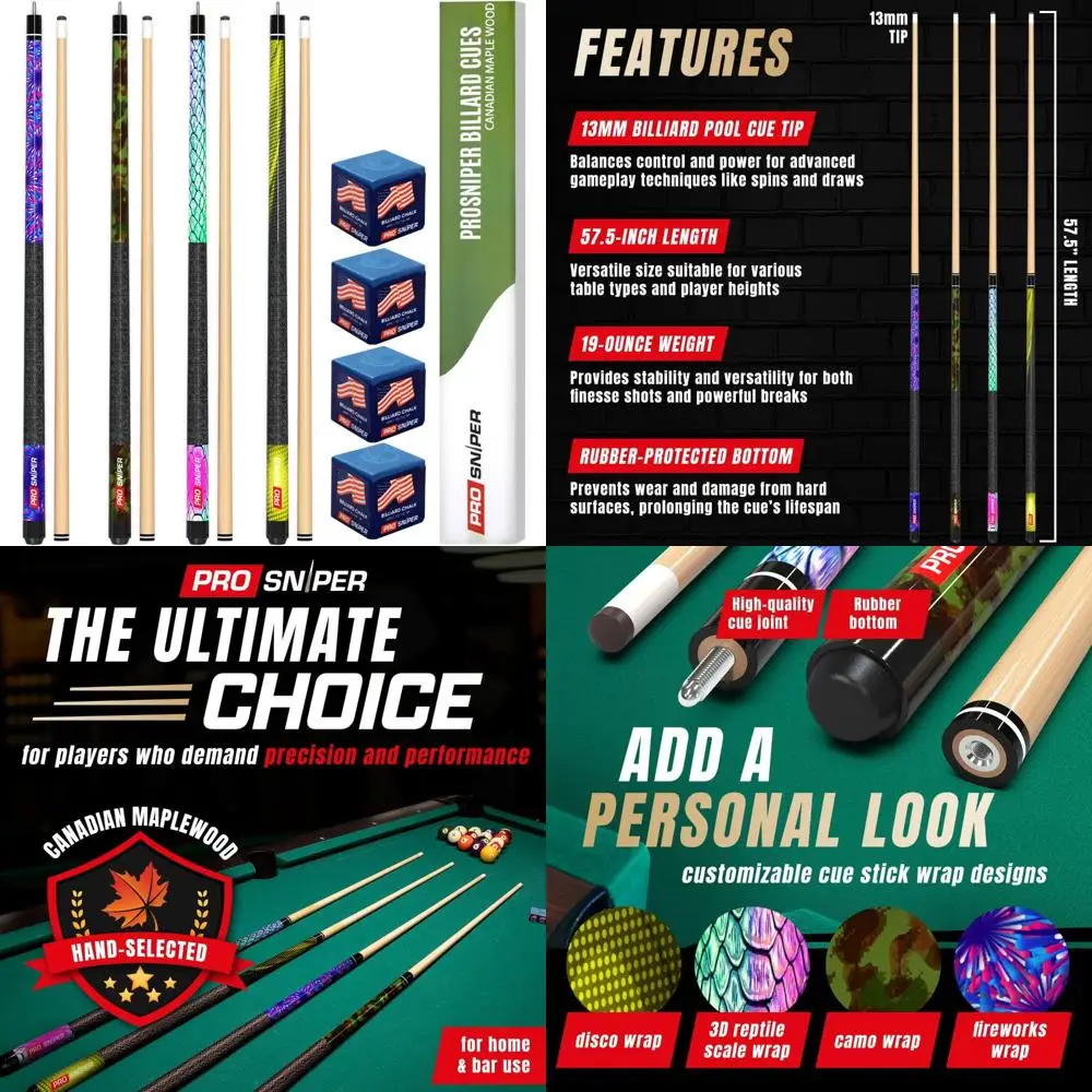 مجموعة عصا حمام السباحة المكونة من 4 قطع من الدرجة الاحترافية مع أعمدة القيقب الكندية وأطراف الانحراف المنخفض والطباشير الإضافية للعبة المحسنة