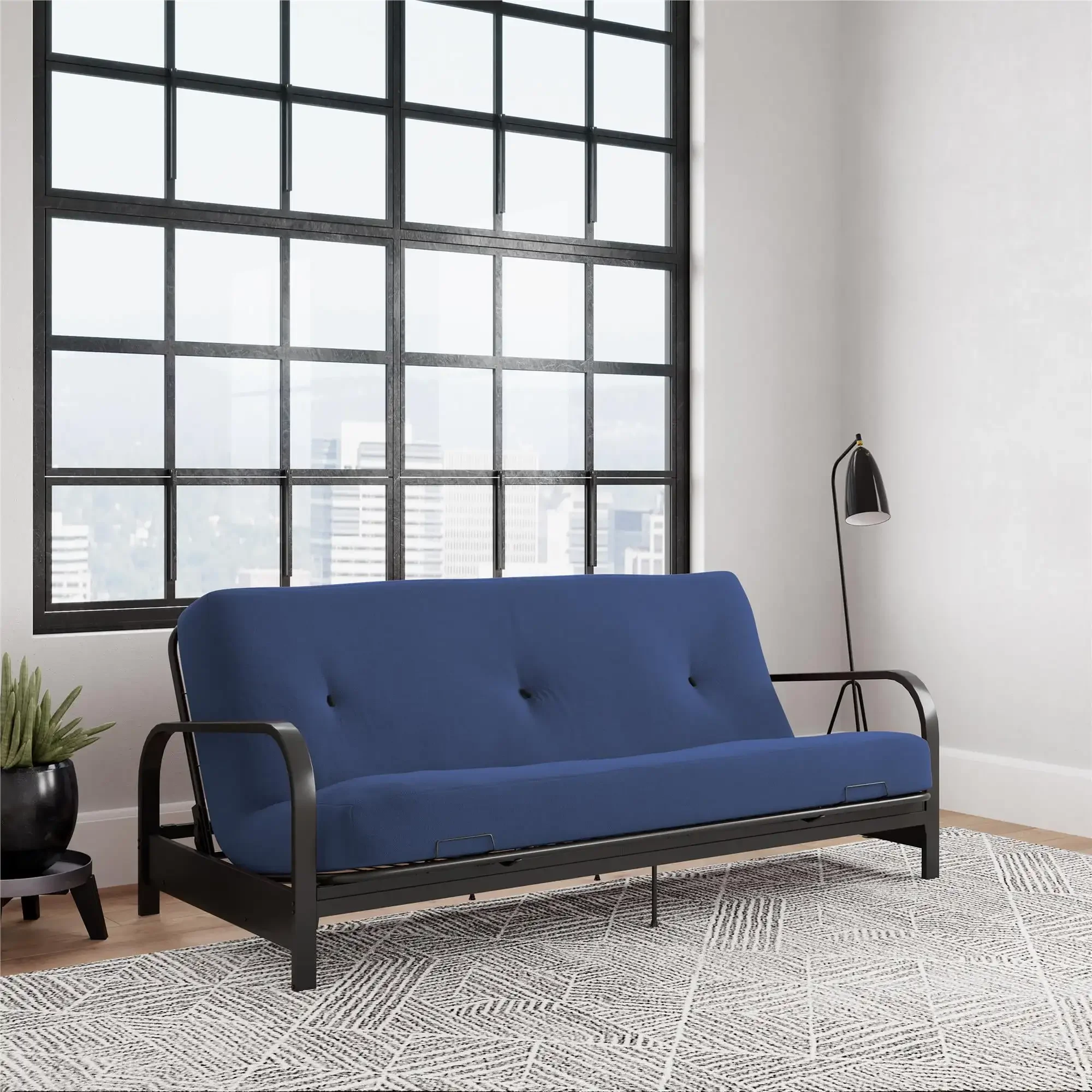 Cleo Black Metal Arm Full Size Futon Frame with 6” Blue Mattress