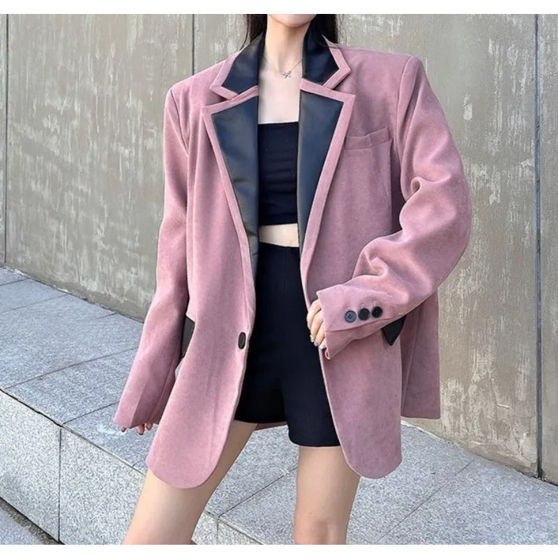 Leather Splicing Design Sense Blazer Women's Autumn and Winter Retro High-end Sense Abraded Thickened Shoulder Padded Small Suit