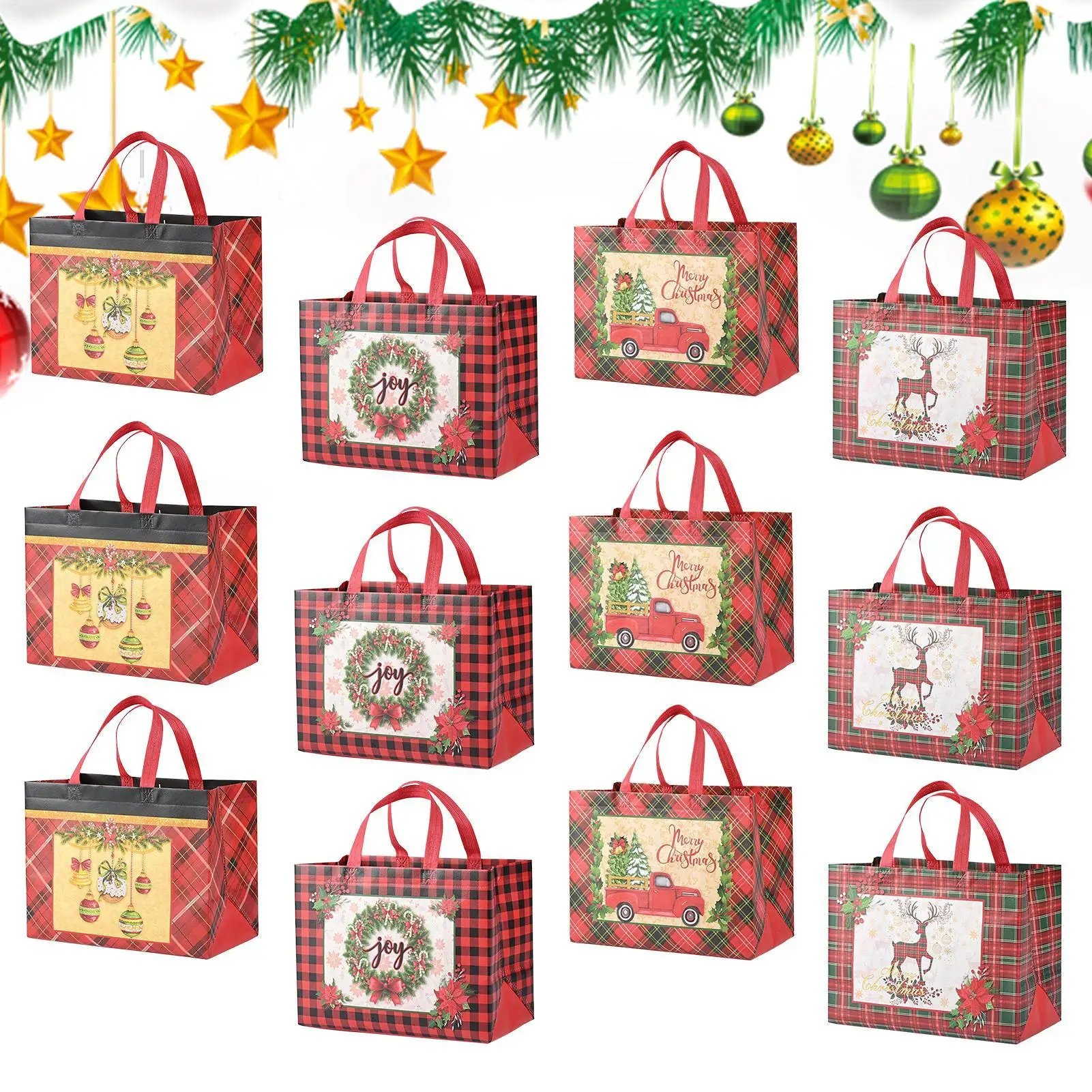 

12 шт. Рождественские сумки-тоут Нетканые праздничные сумки для угощений Сувениры для вечеринок Сумки для конфет Мешки для хранения игрушек Праздничные упаковочные пакеты