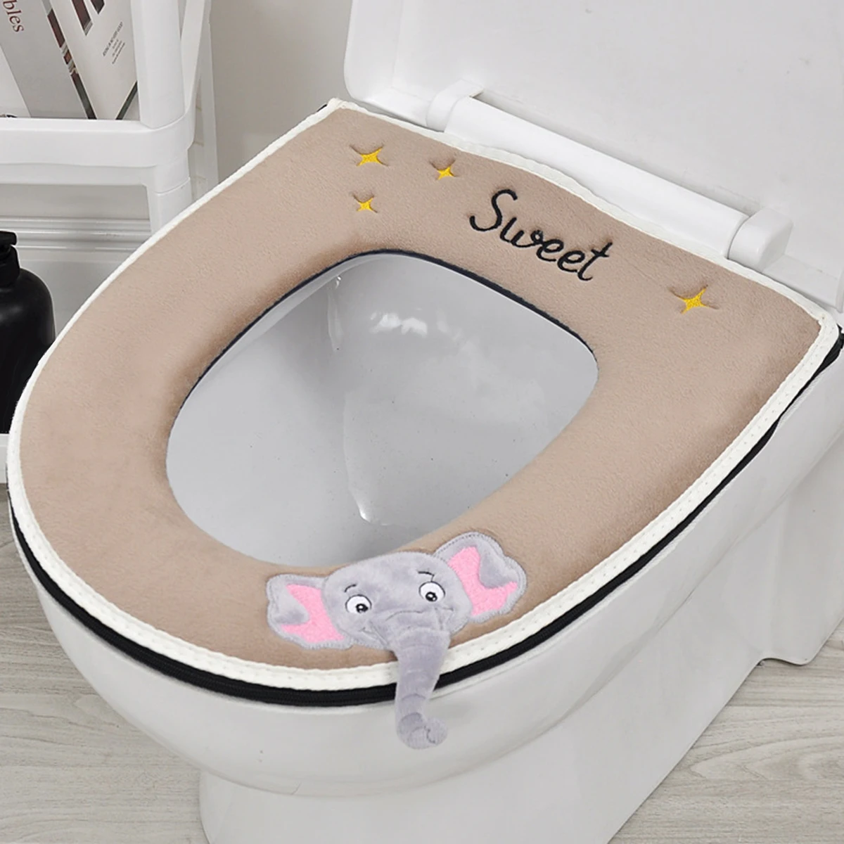 Cute Embroidery Toilet Seat Cover With Zipper Soft Warmer Washable Toilet Mat Cover Pad Cushion WC Ring Mat Bathroom Aceesories