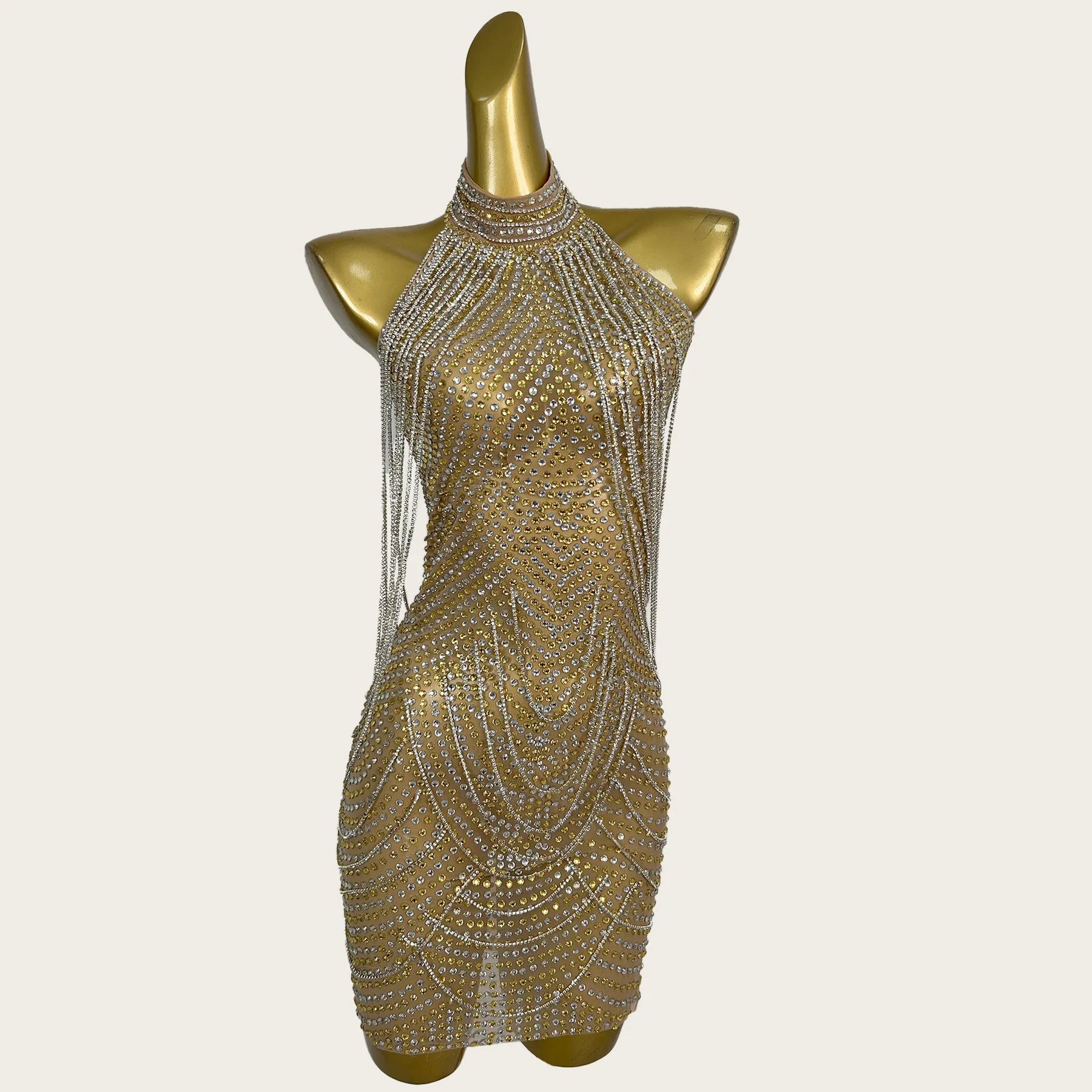 

Luxury Sparkly Full Rhinestone Tassel Short Dress Sexy Sleeveless Mesh Bandage Dresses See Through Chic Party Outfit Tiaotiao