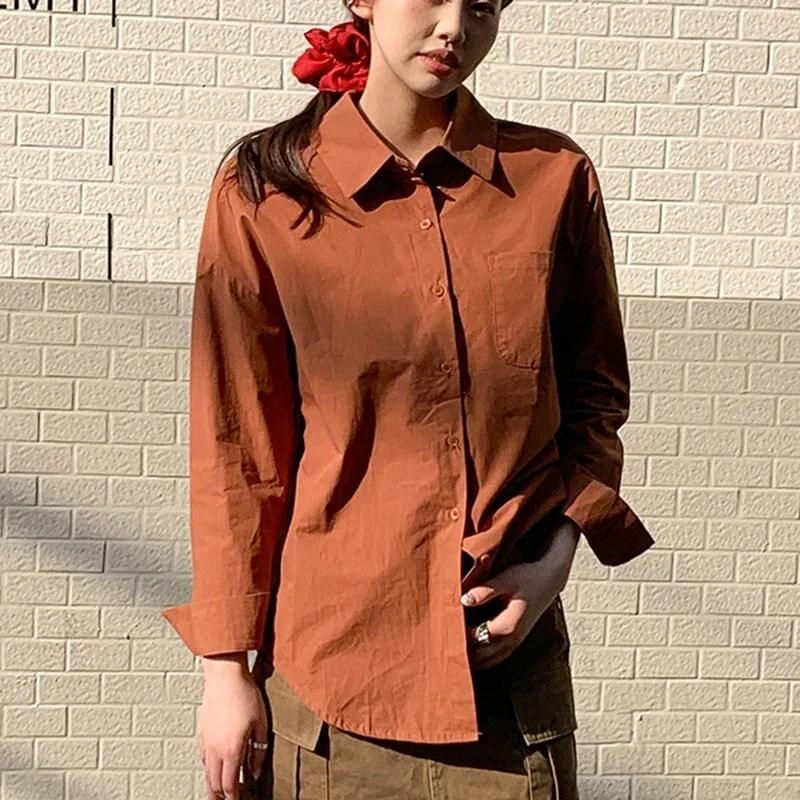 Kobiety Wiosna Jesień Koreańska Bawełniana Bluzka Moda Odzież Luźne Koszule Lady Casual Długi Rękaw Kołnierzyk Zapinany na Guziki Mujer