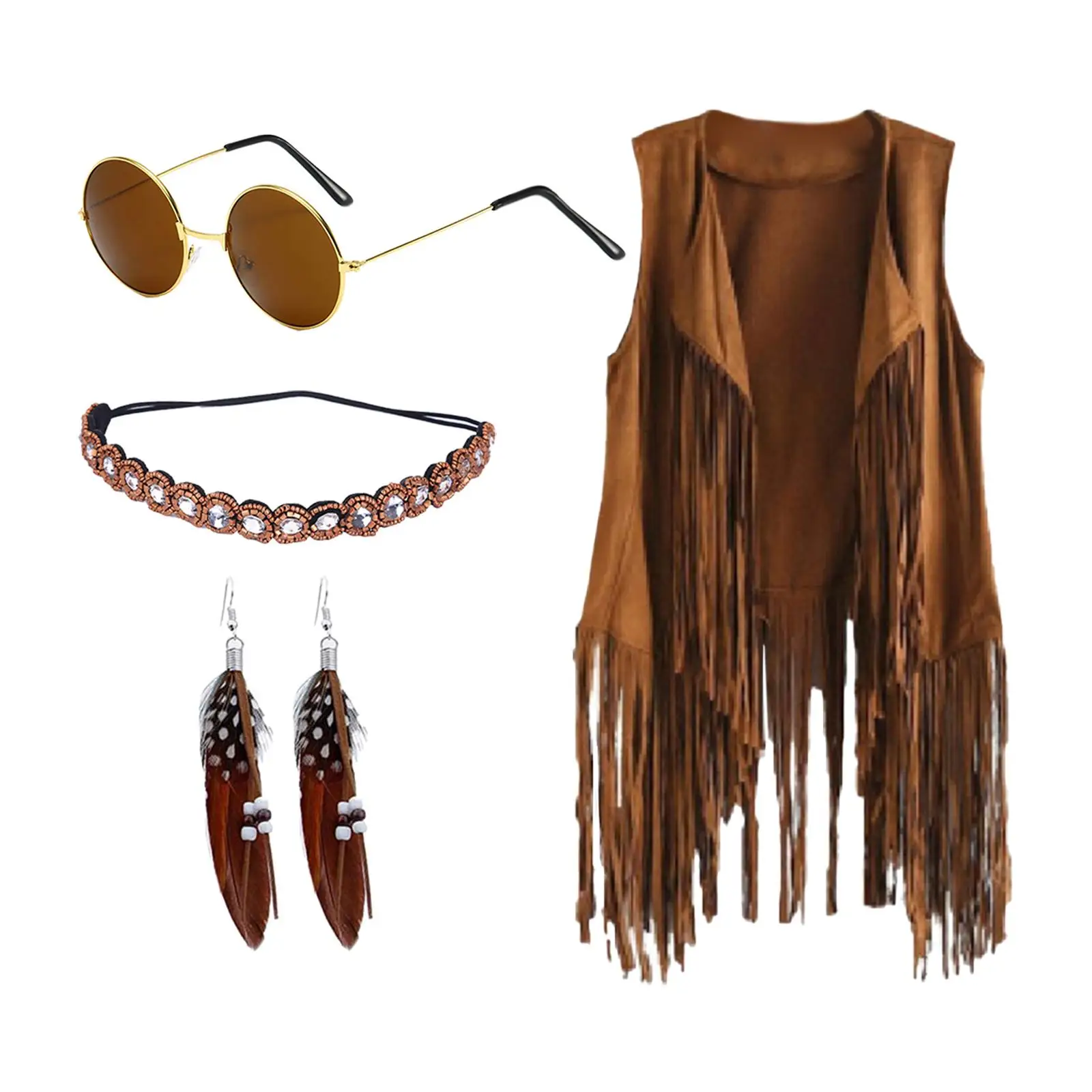 Boho Hippie Fringe Vest Costume Set for Ladies Adult Halloween Party with Headband Sunglasses Earrings 60s 70s Retro Disco Look