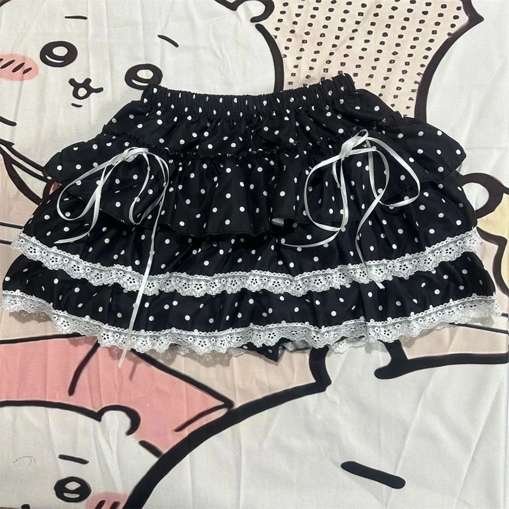 French Style Black Mini Skirt Women'S Slimming Cake Style Sweet Cute Lace Trim Butterfly Bow Anti-Light Polyester Blend Skirt